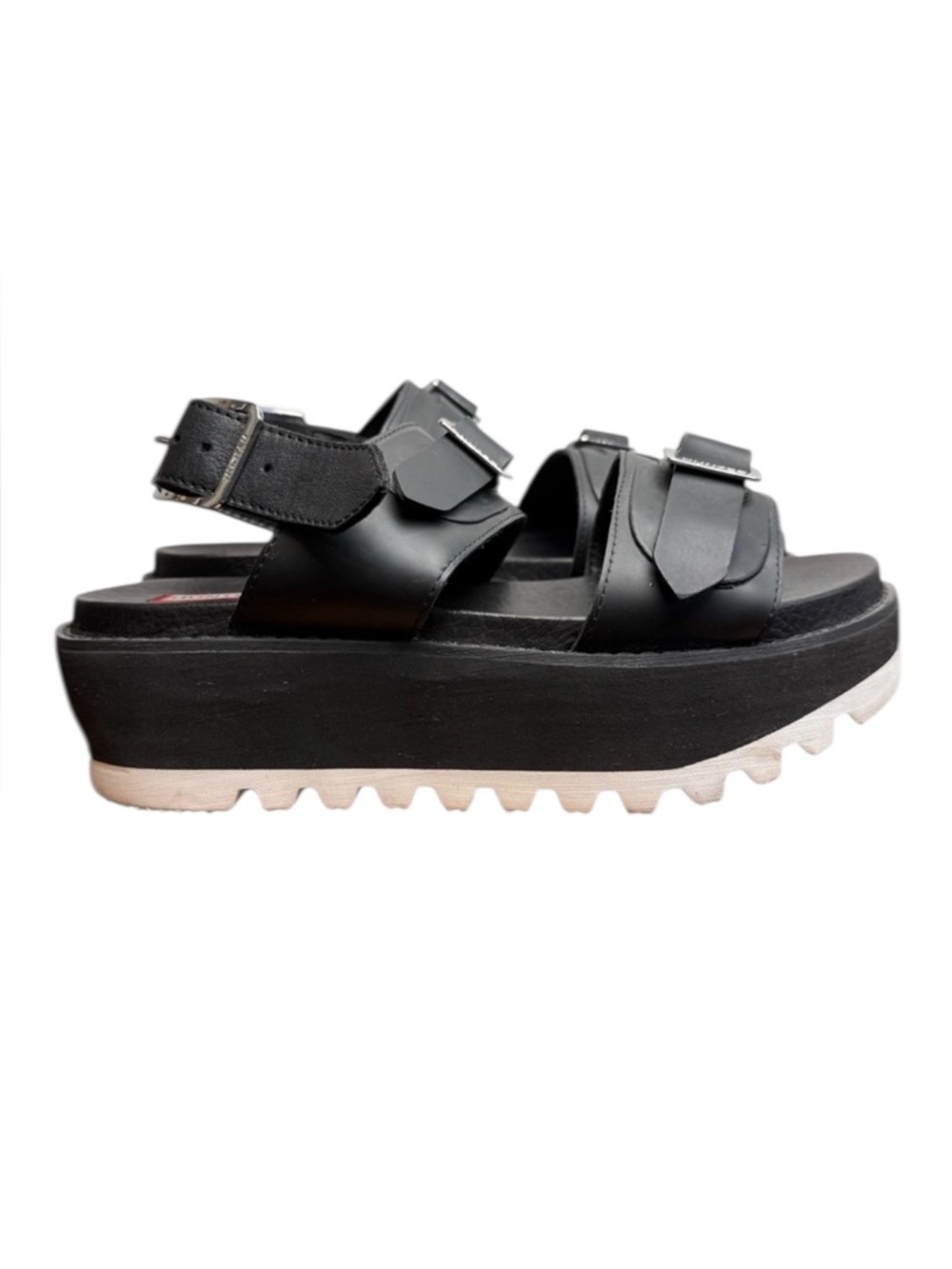 Hunter Black Leather & Rubber Adjustable Buckle Platform Chunky Sandals Size 7